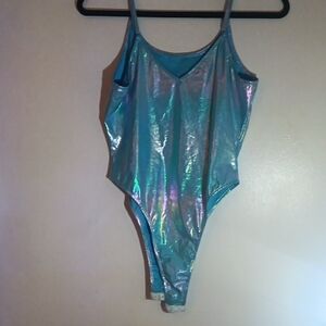 Iridescent Blue-Green Metallic Bodysuit with Spaghetti Straps